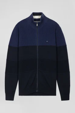 Regular navy blue and blue cotton high collar zipped cardigan