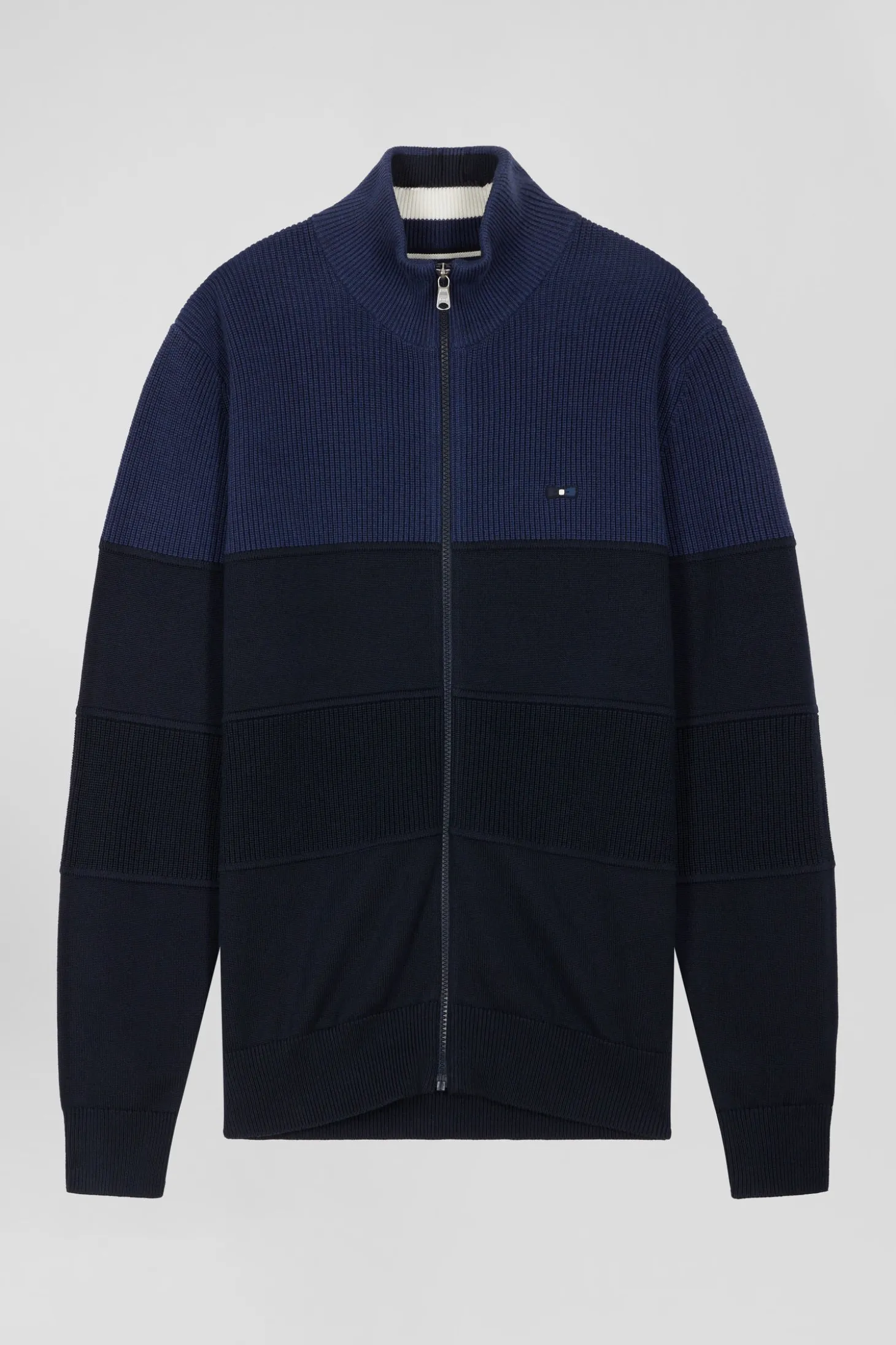Regular navy blue and blue cotton high collar zipped cardigan