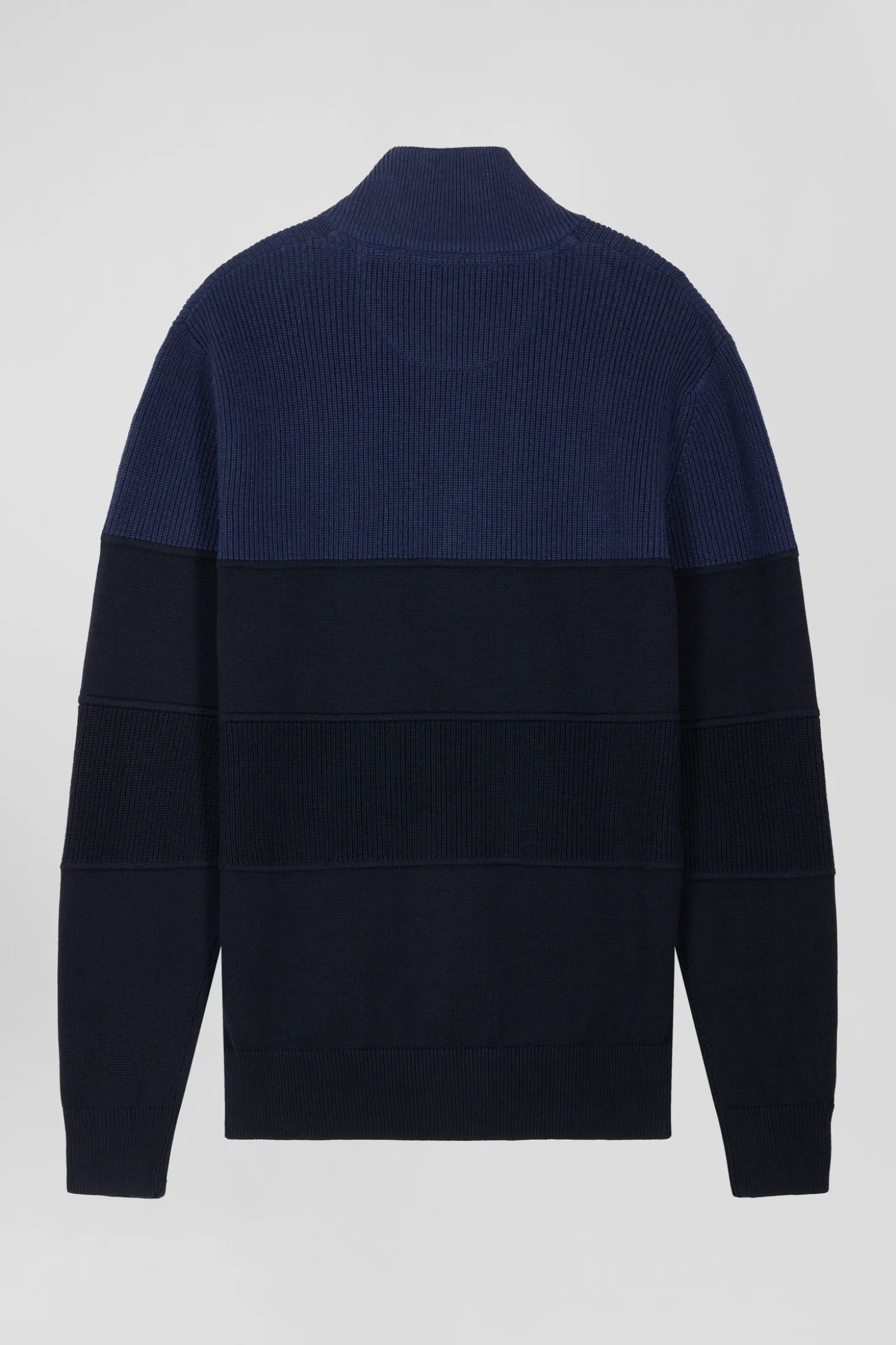 Regular navy blue and blue cotton high collar zipped cardigan