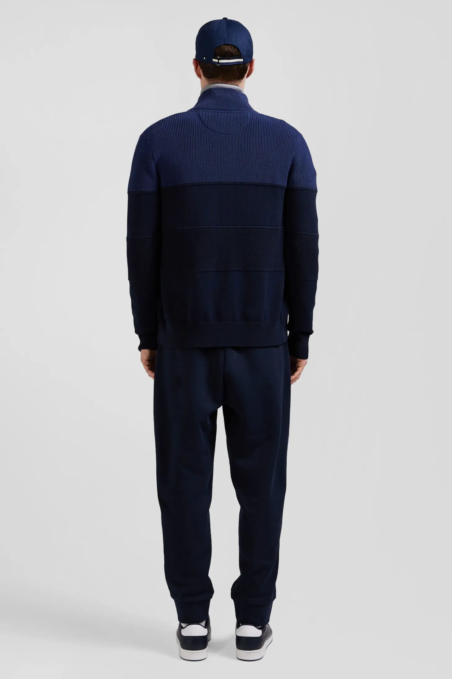 Regular navy blue and blue cotton high collar zipped cardigan