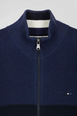 Regular navy blue and blue cotton high collar zipped cardigan