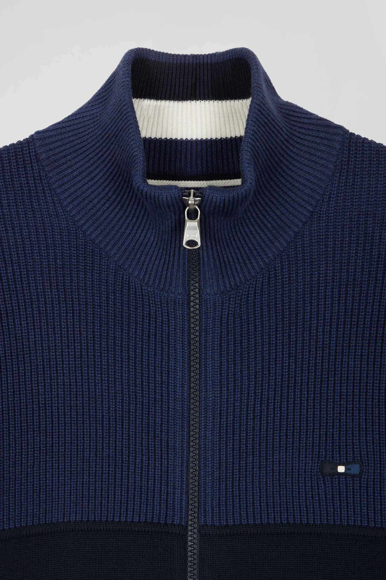 Regular navy blue and blue cotton high collar zipped cardigan