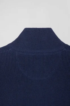 Regular navy blue and blue cotton high collar zipped cardigan