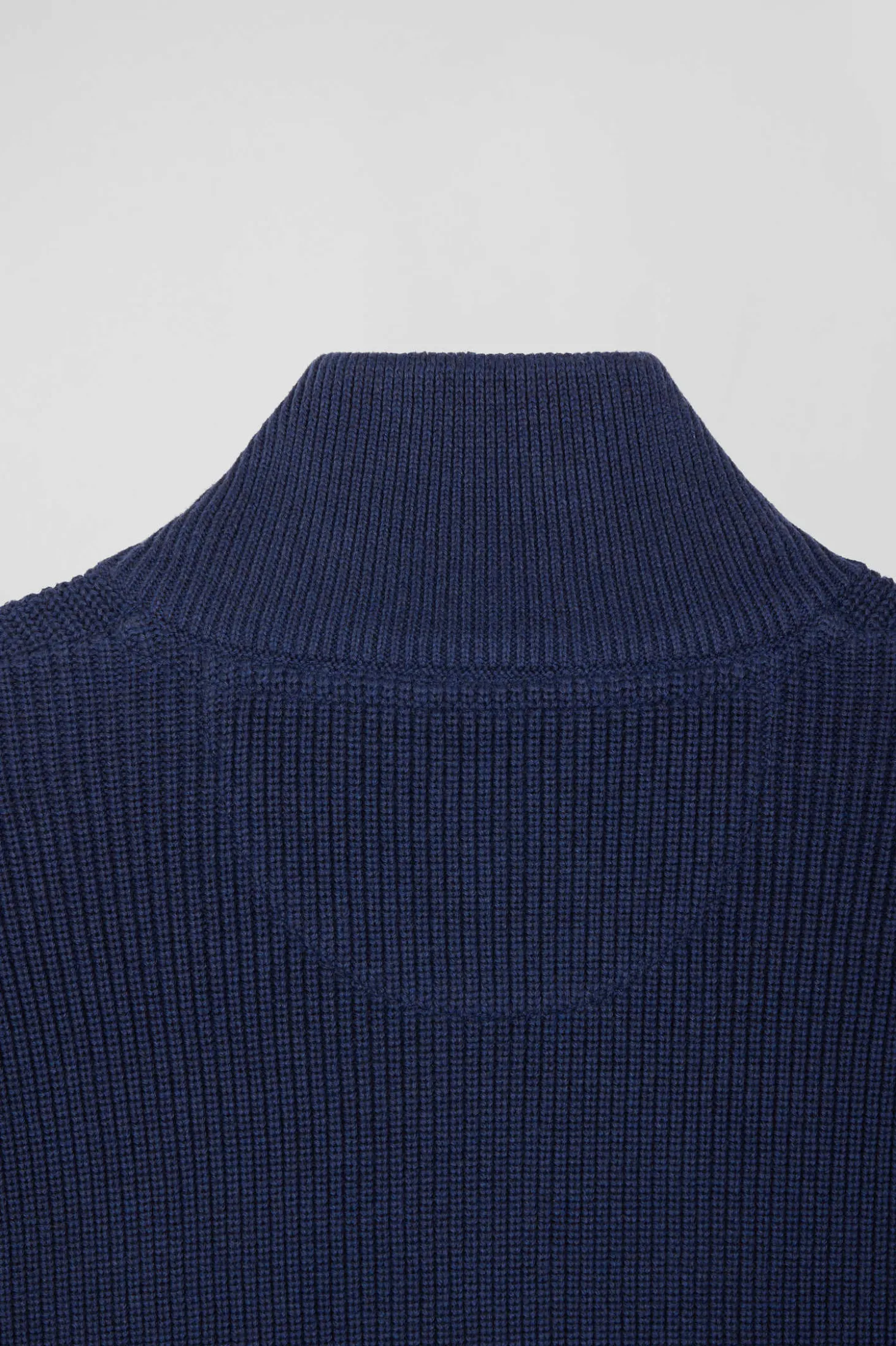 Regular navy blue and blue cotton high collar zipped cardigan