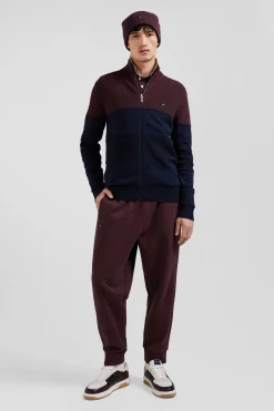 Regular navy blue and burgundy cotton high collar zipped cardigan