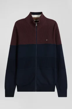 Regular navy blue and burgundy cotton high collar zipped cardigan