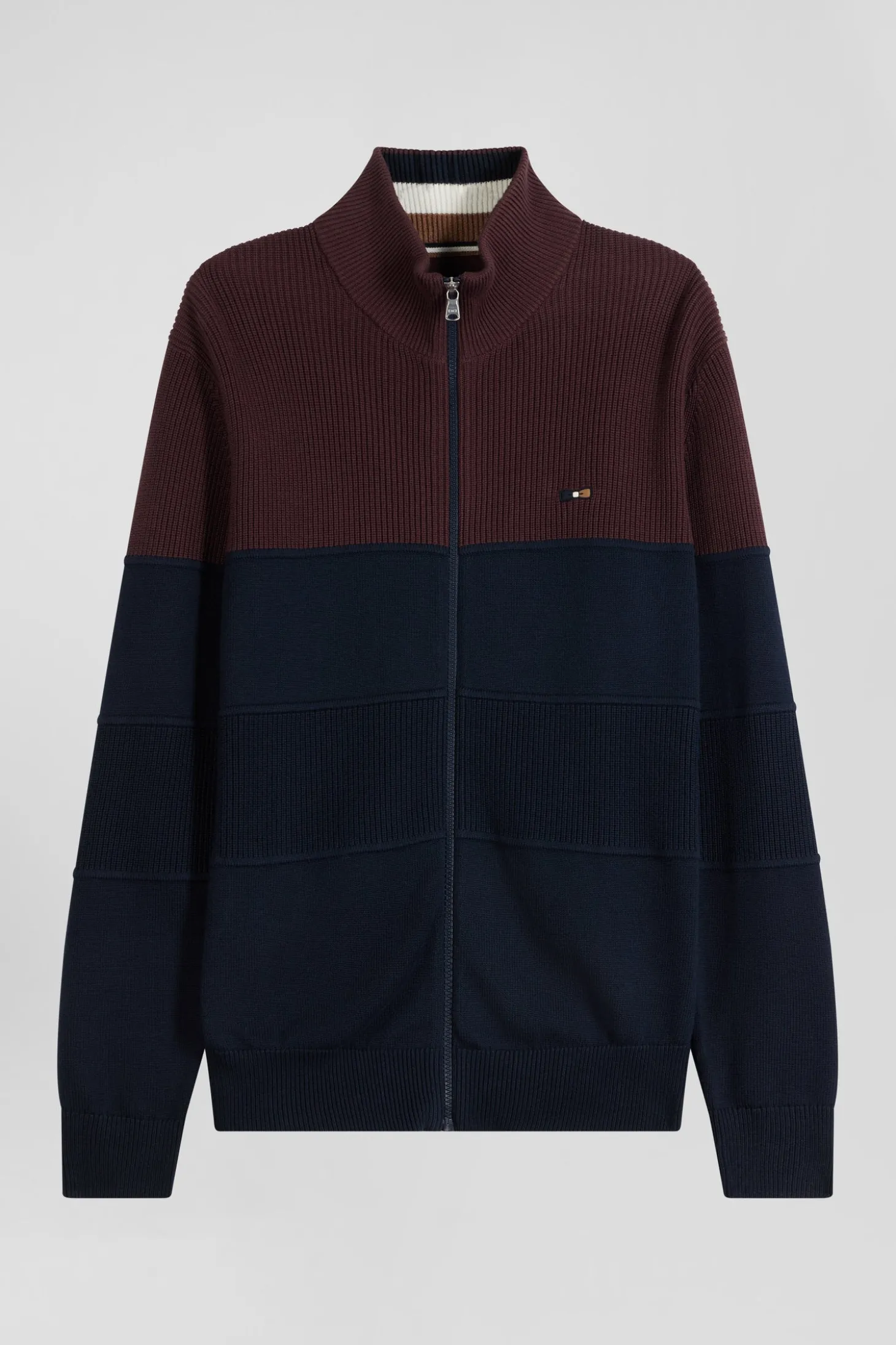 Regular navy blue and burgundy cotton high collar zipped cardigan