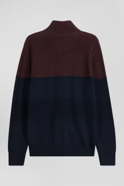 Regular navy blue and burgundy cotton high collar zipped cardigan