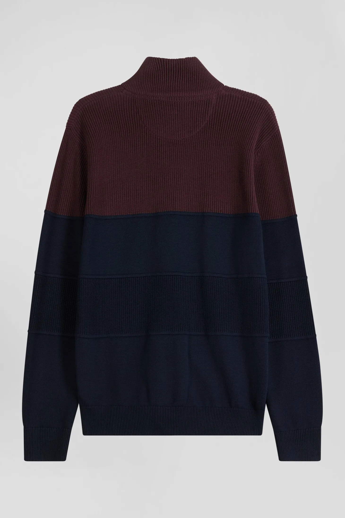 Regular navy blue and burgundy cotton high collar zipped cardigan