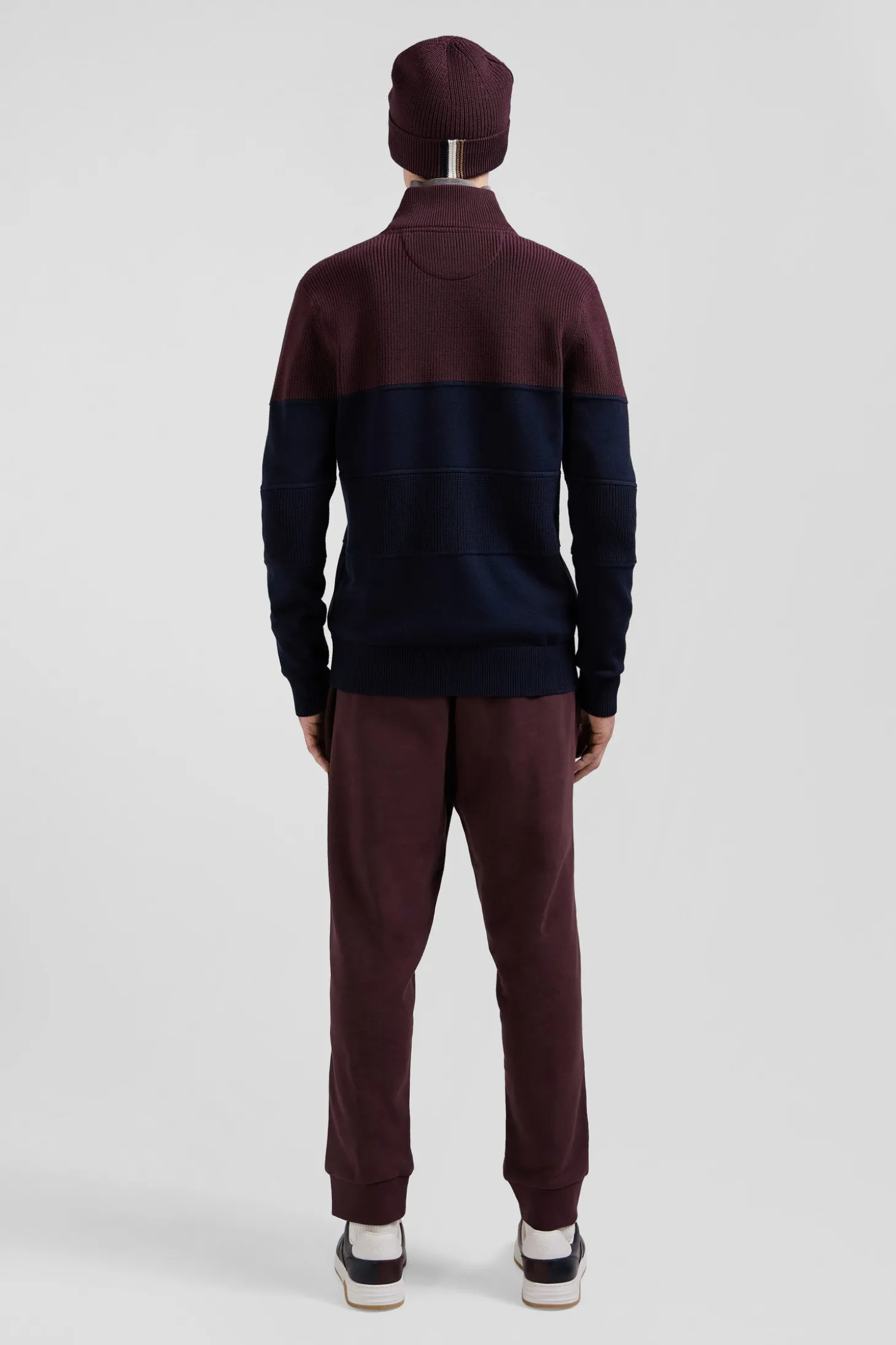 Regular navy blue and burgundy cotton high collar zipped cardigan