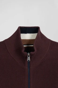 Regular navy blue and burgundy cotton high collar zipped cardigan