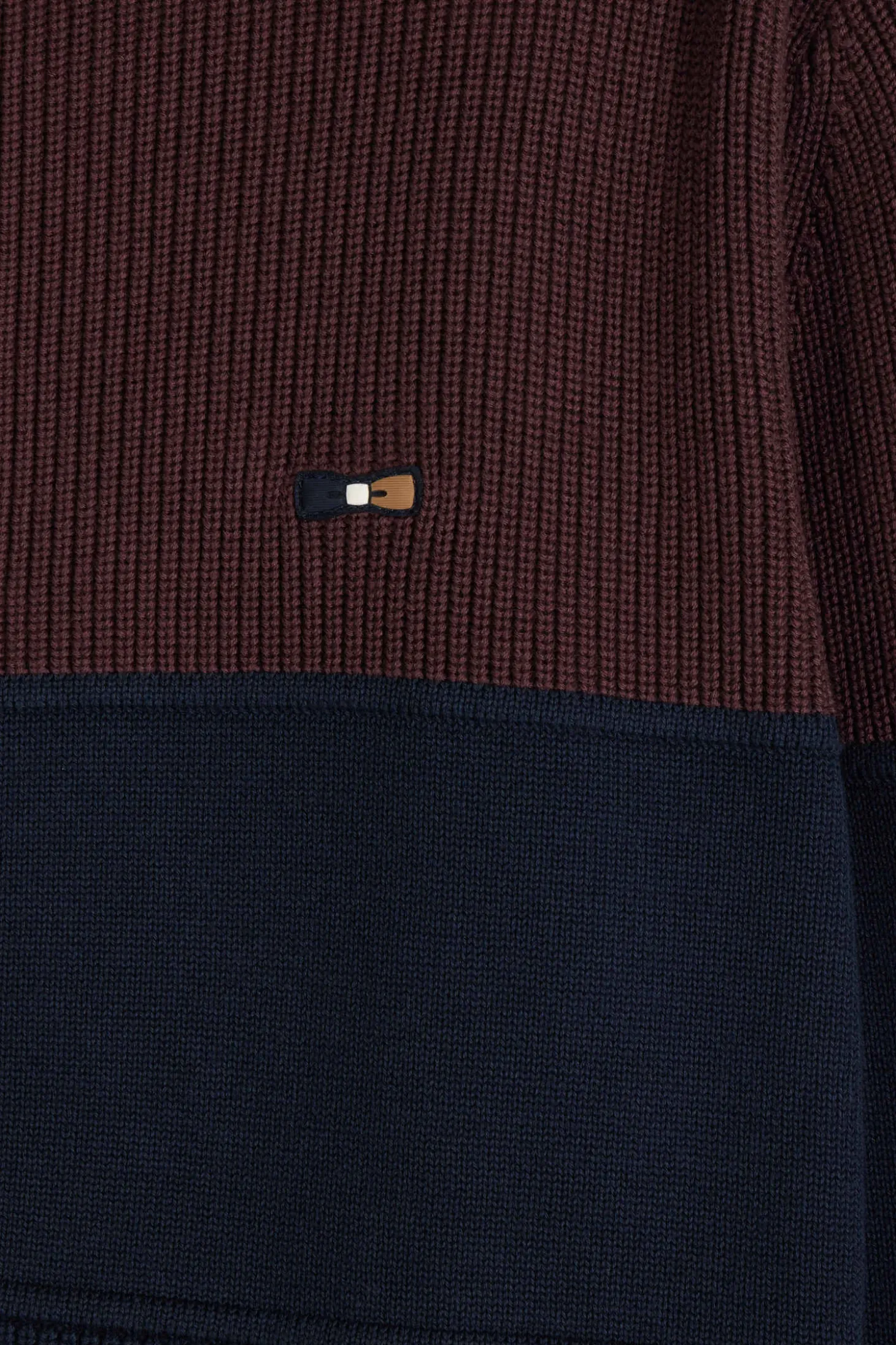 Regular navy blue and burgundy cotton high collar zipped cardigan