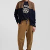 Regular navy blue and camel cotton high collar zipped cardigan