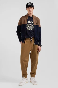 Regular navy blue and camel cotton high collar zipped cardigan