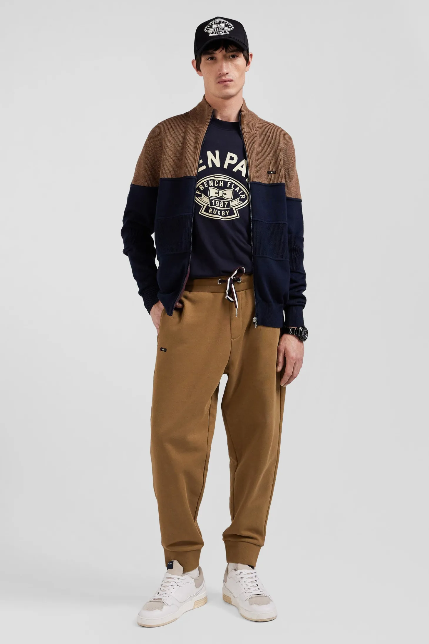 Regular navy blue and camel cotton high collar zipped cardigan