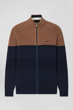 Regular navy blue and camel cotton high collar zipped cardigan