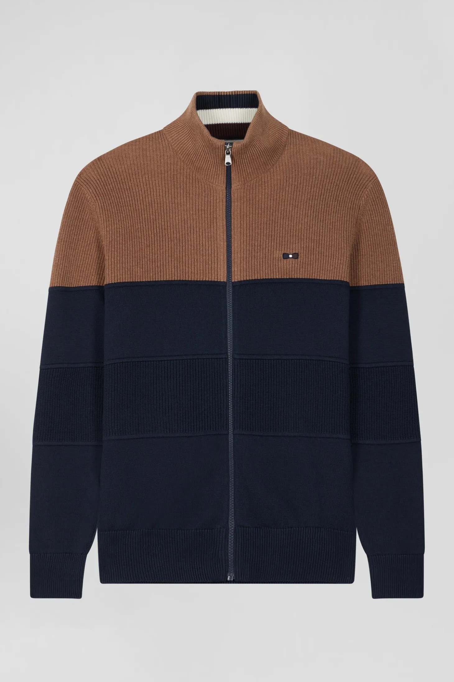 Regular navy blue and camel cotton high collar zipped cardigan