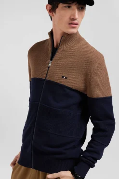 Regular navy blue and camel cotton high collar zipped cardigan