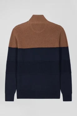 Regular navy blue and camel cotton high collar zipped cardigan