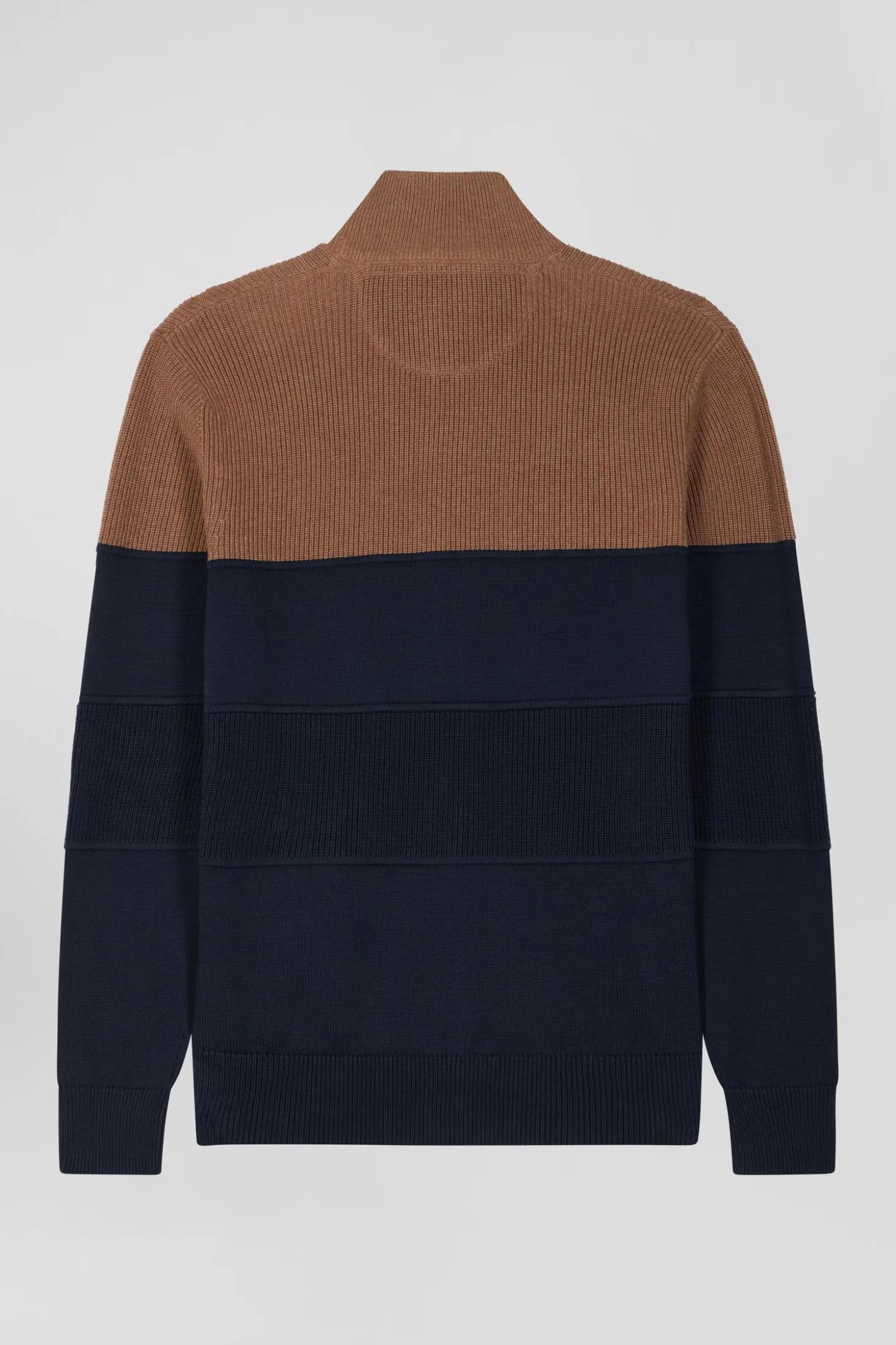 Regular navy blue and camel cotton high collar zipped cardigan