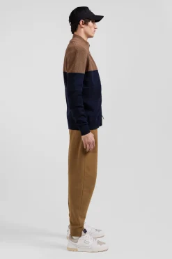 Regular navy blue and camel cotton high collar zipped cardigan