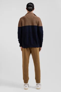 Regular navy blue and camel cotton high collar zipped cardigan