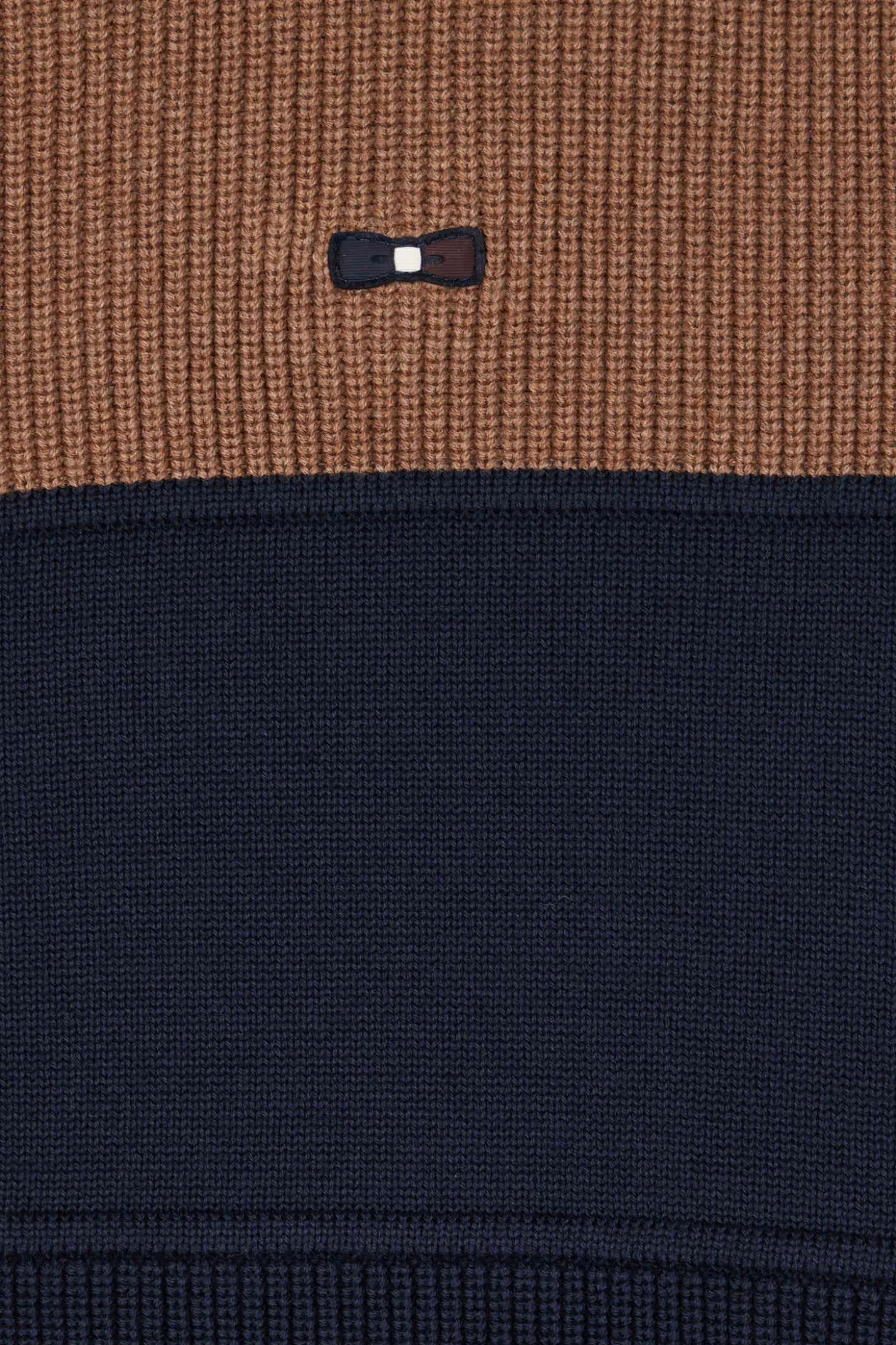 Regular navy blue and camel cotton high collar zipped cardigan