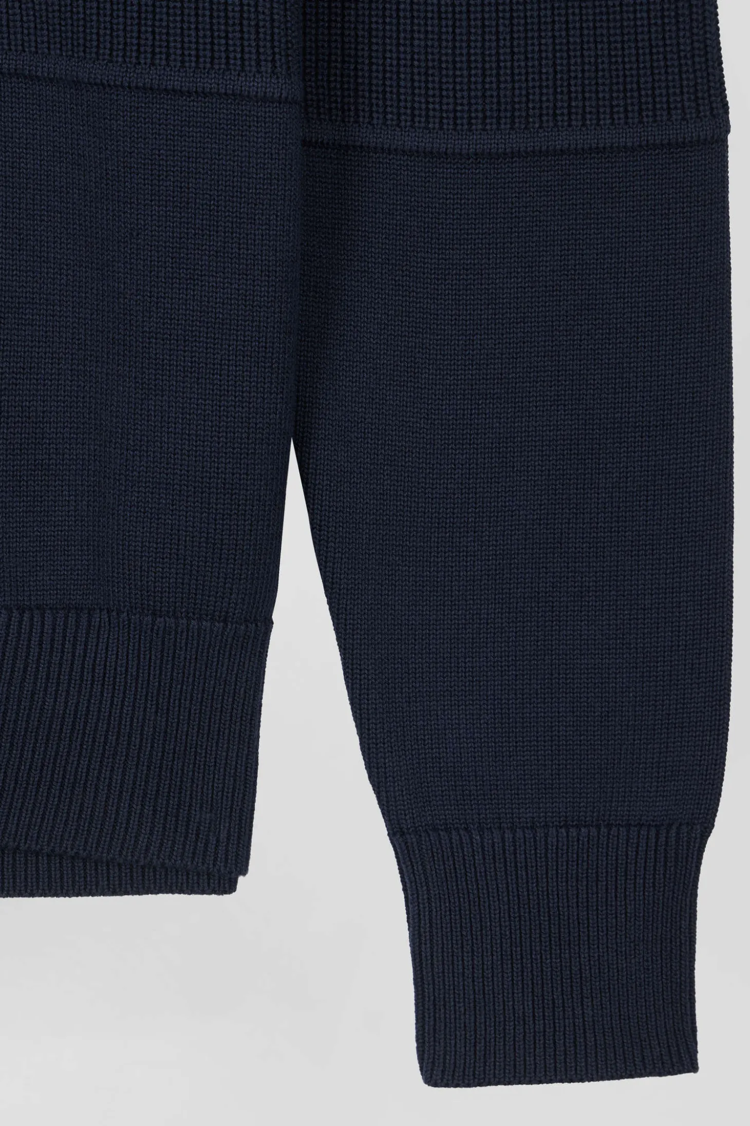 Regular navy blue and camel cotton high collar zipped cardigan