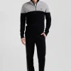 Regular navy blue and grey cotton high collar zipped cardigan