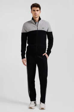 Regular navy blue and grey cotton high collar zipped cardigan