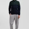 Regular navy blue and green cotton high collar zipped cardigan