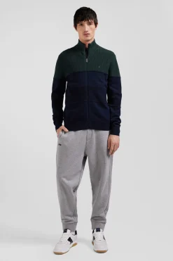Regular navy blue and green cotton high collar zipped cardigan