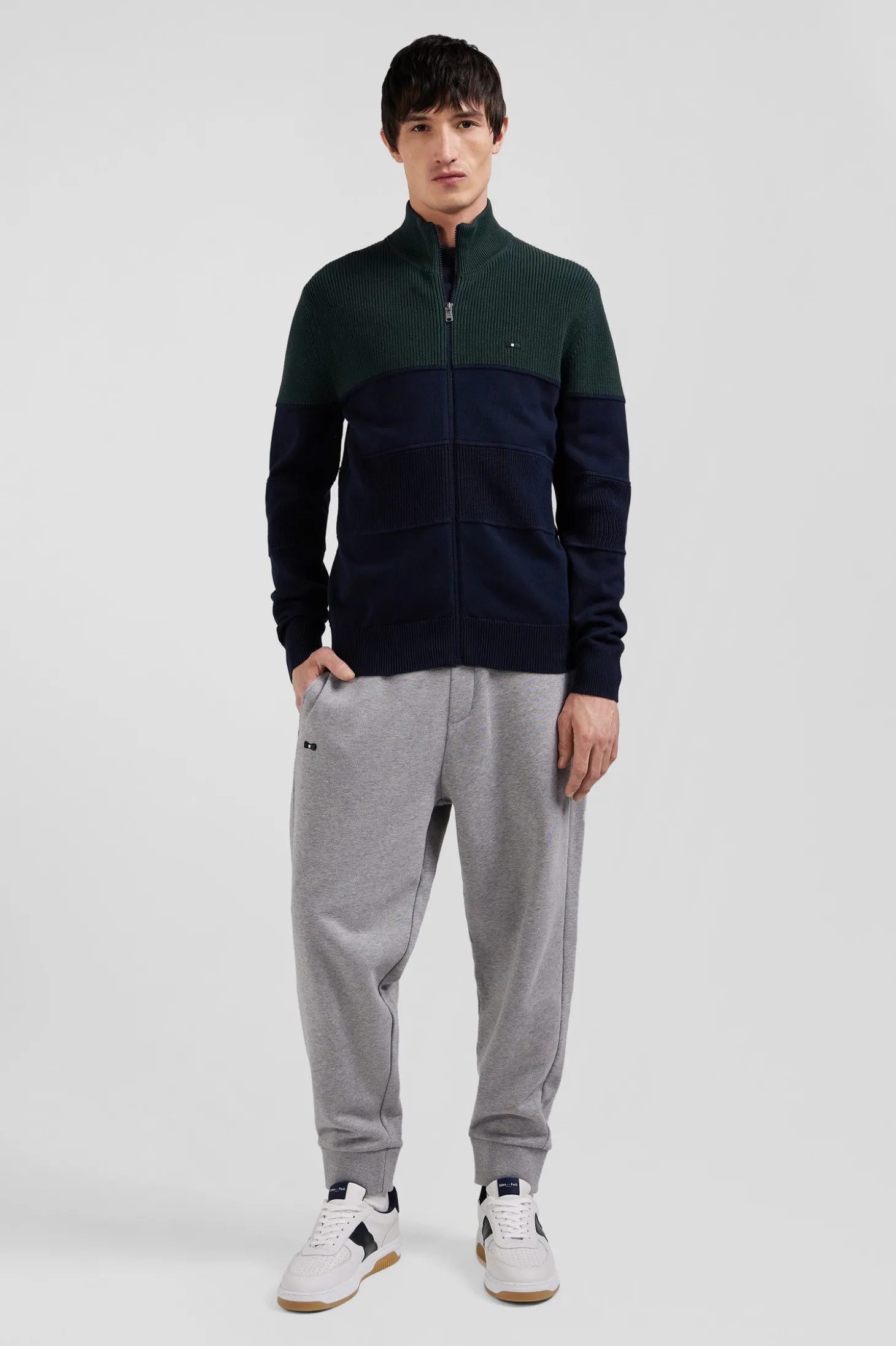 Regular navy blue and green cotton high collar zipped cardigan
