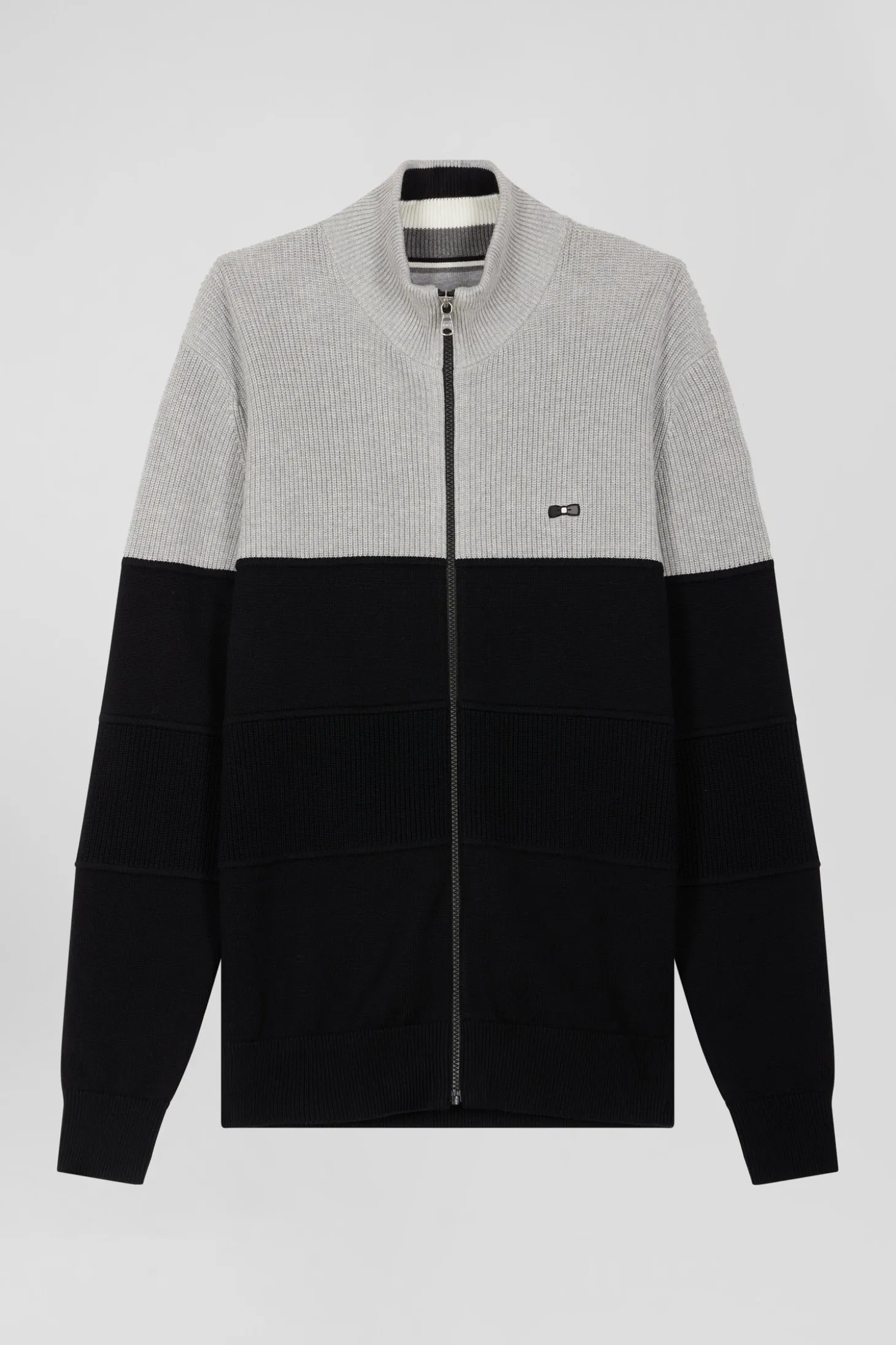 Regular navy blue and grey cotton high collar zipped cardigan