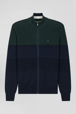Regular navy blue and green cotton high collar zipped cardigan