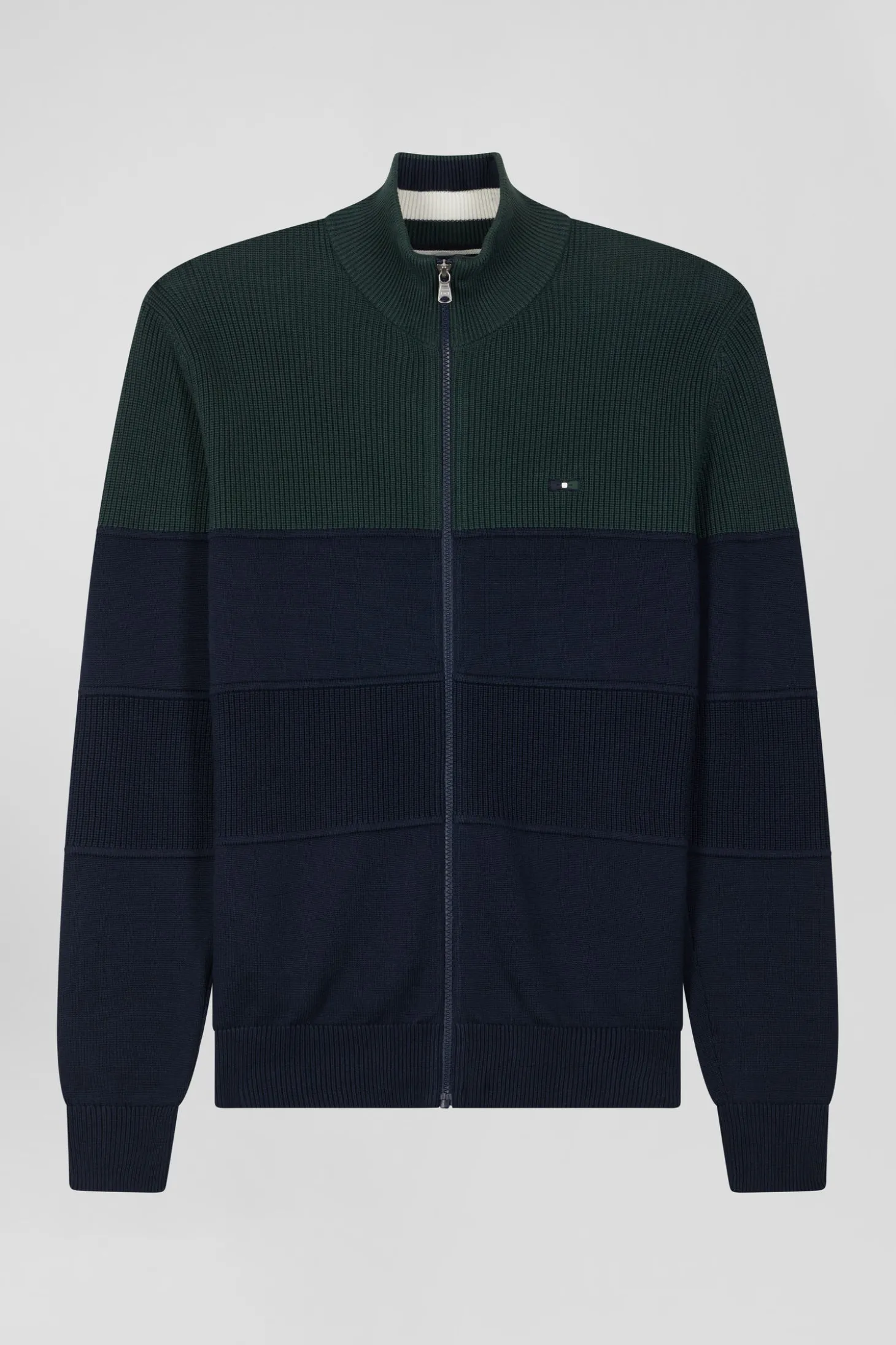 Regular navy blue and green cotton high collar zipped cardigan
