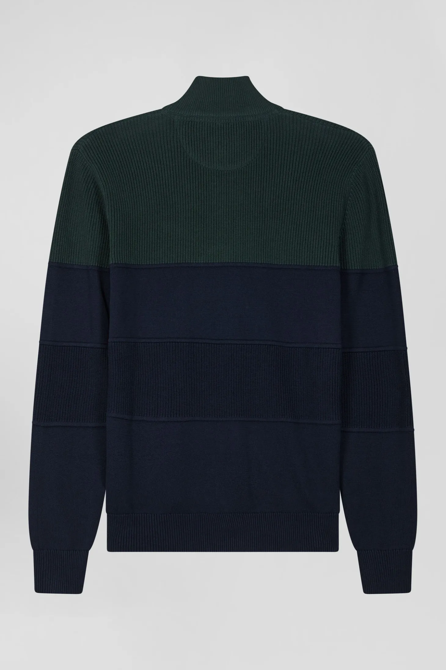 Regular navy blue and green cotton high collar zipped cardigan
