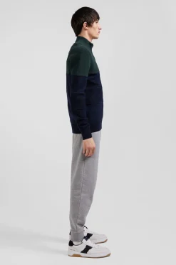 Regular navy blue and green cotton high collar zipped cardigan
