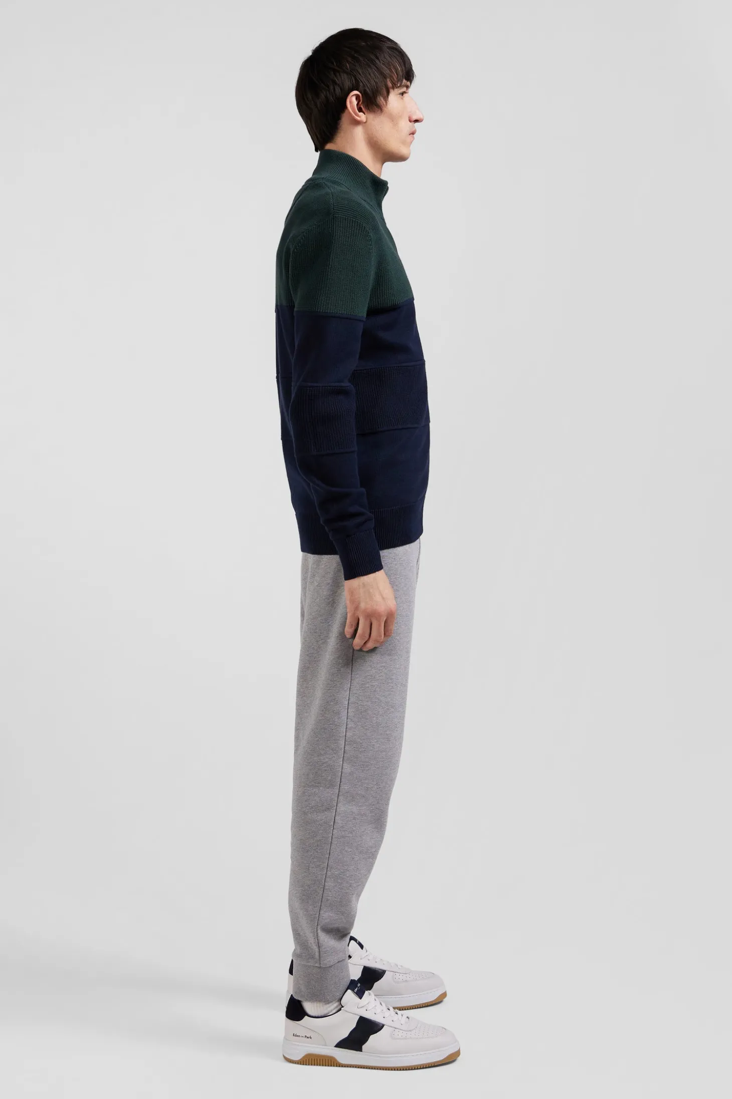 Regular navy blue and green cotton high collar zipped cardigan