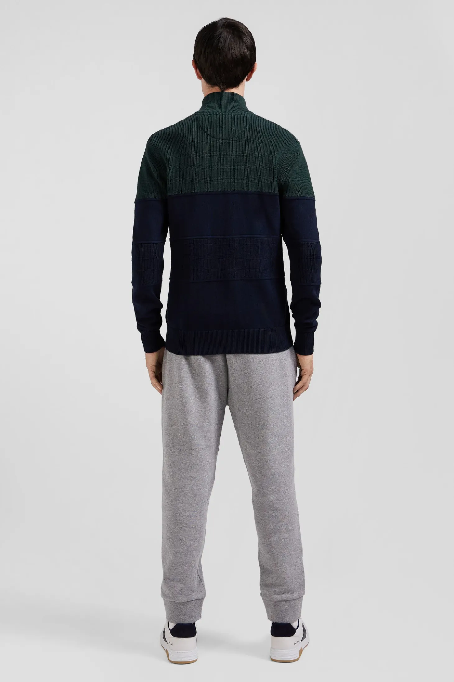 Regular navy blue and green cotton high collar zipped cardigan