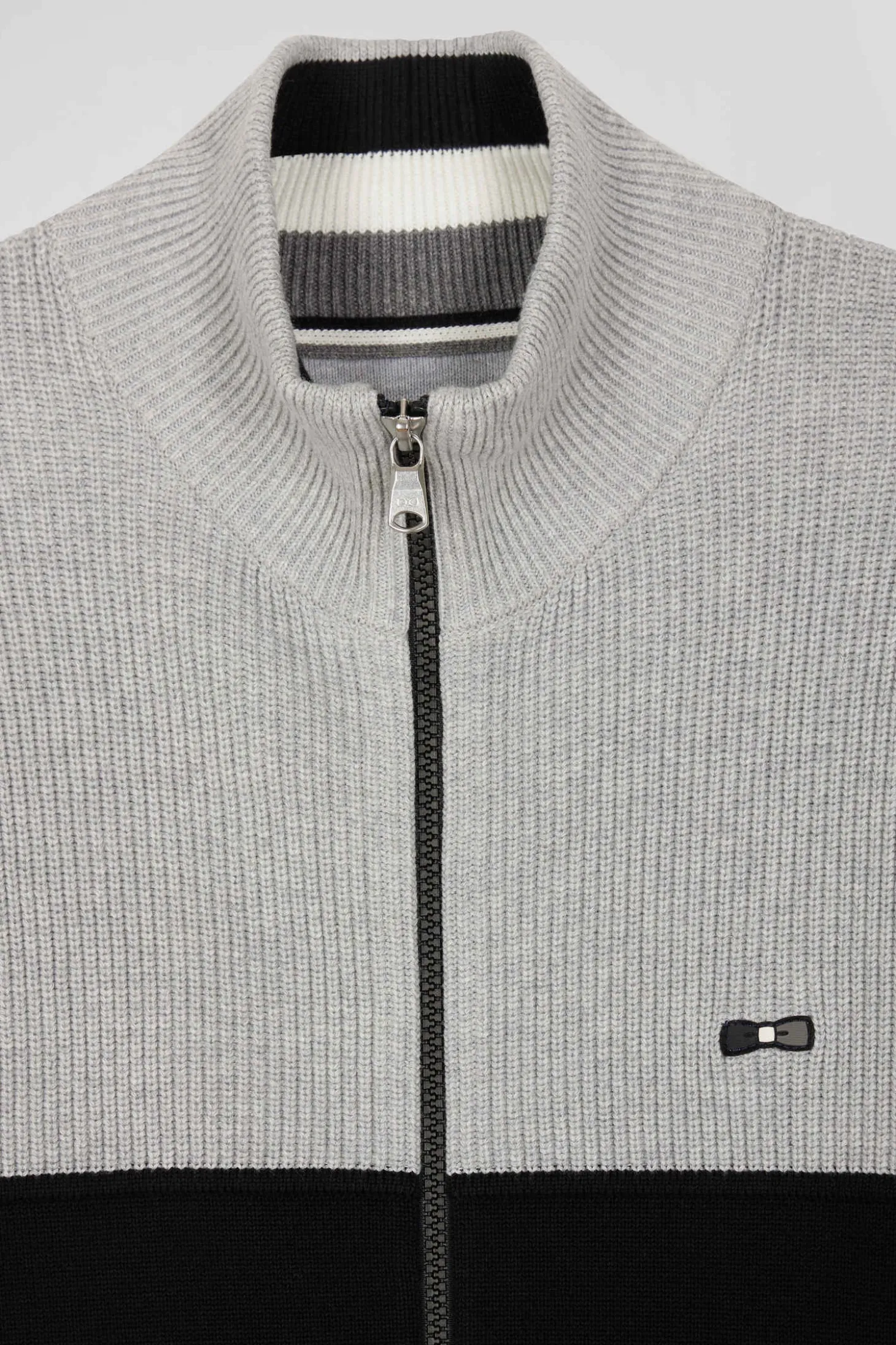Regular navy blue and grey cotton high collar zipped cardigan