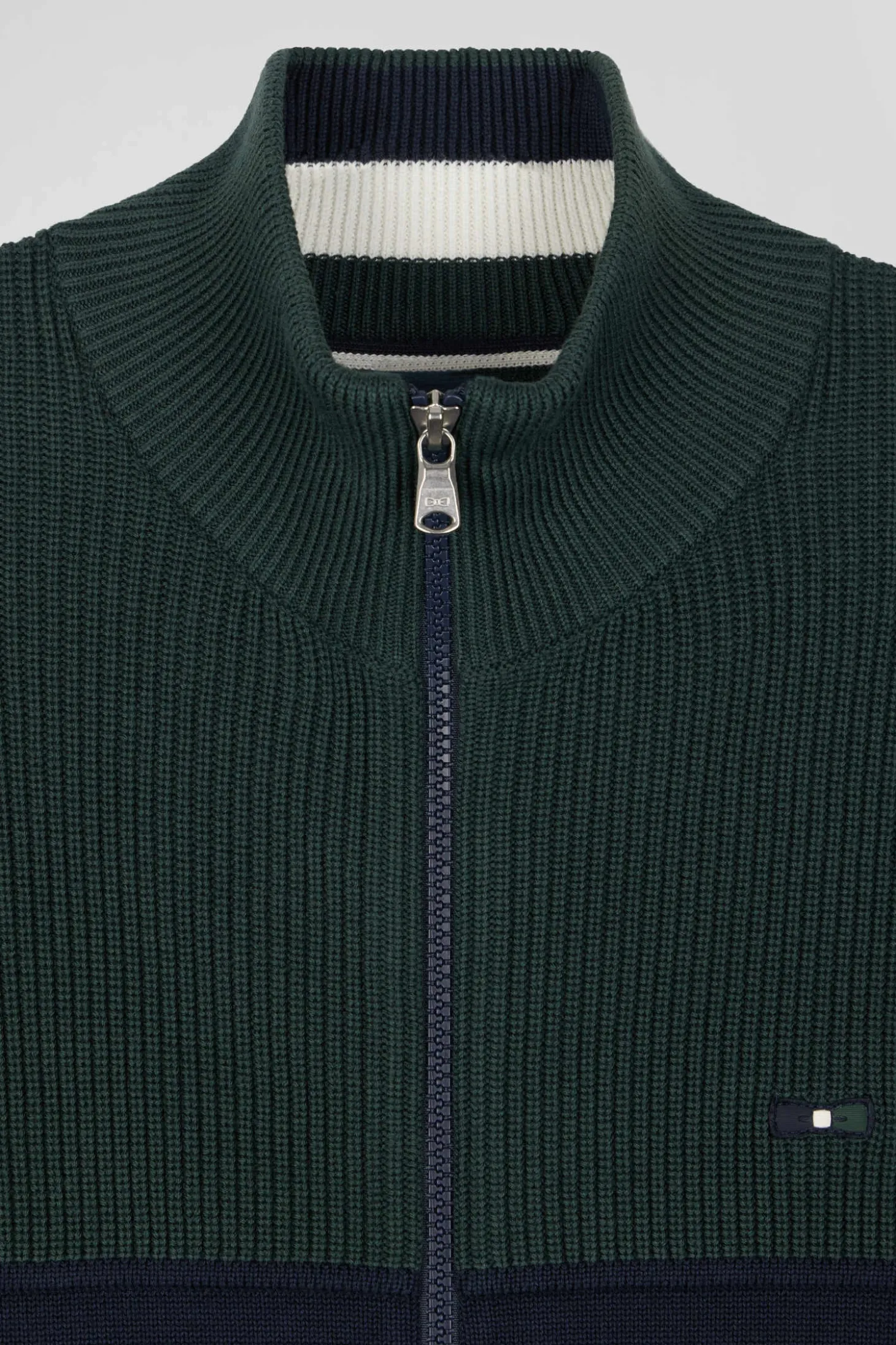 Regular navy blue and green cotton high collar zipped cardigan