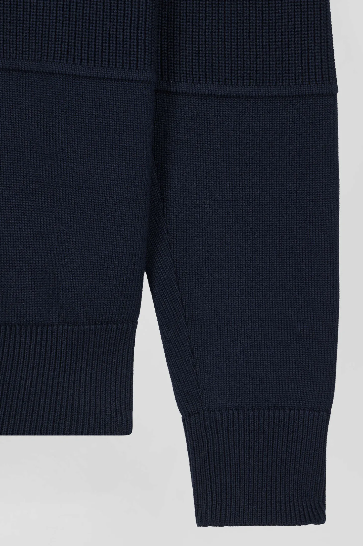 Regular navy blue and green cotton high collar zipped cardigan