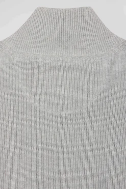 Regular navy blue and grey cotton high collar zipped cardigan