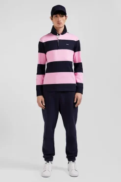 Regular navy blue and pink striped cotton rugby shirt with long sleeves