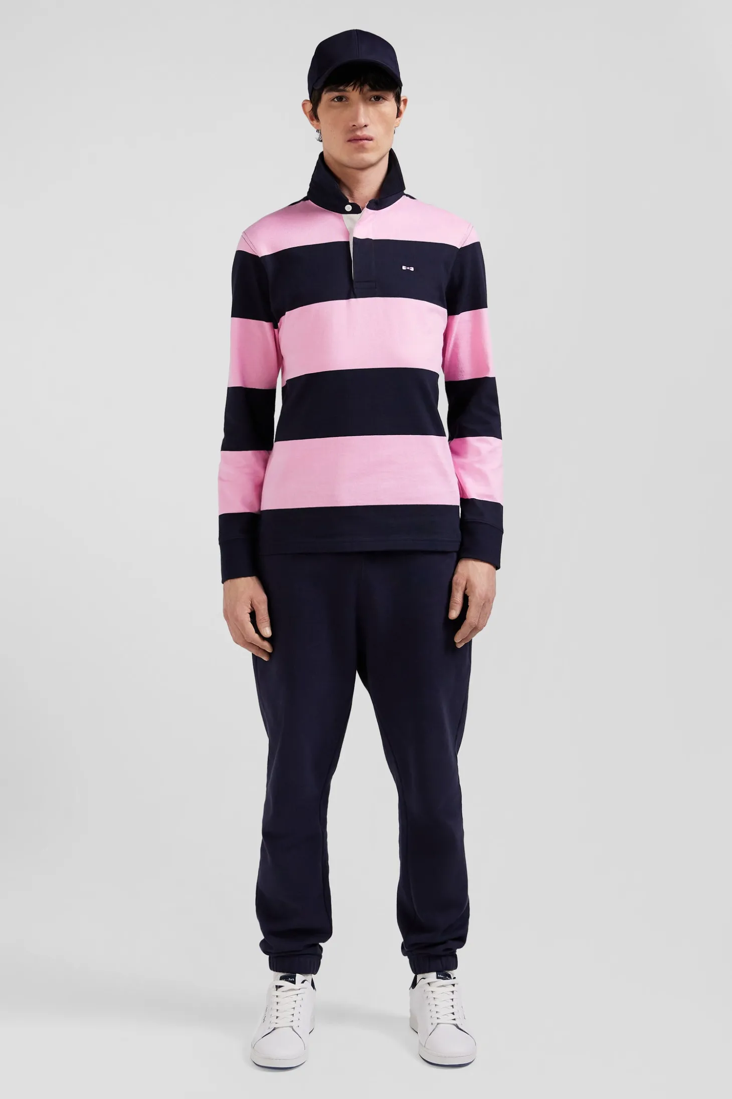 Regular navy blue and pink striped cotton rugby shirt with long sleeves