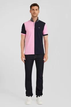 Regular navy blue and pink bicolor short-sleeved cotton piqué polo shirt