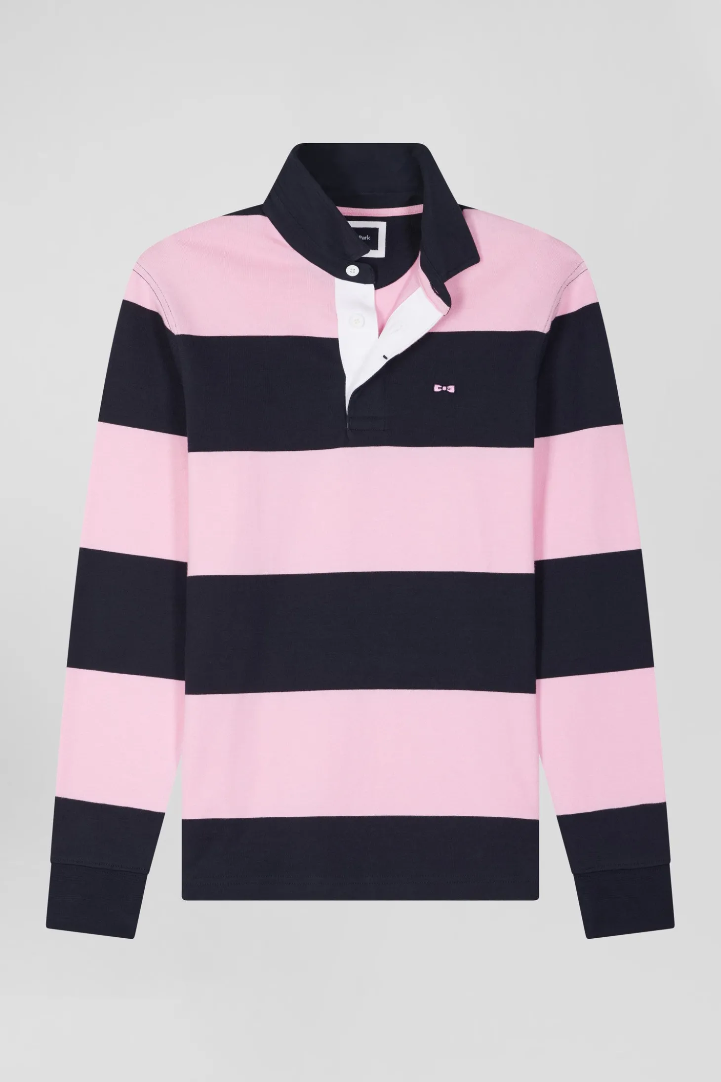 Regular navy blue and pink striped cotton rugby shirt with long sleeves