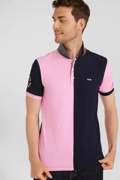 Regular navy blue and pink bicolor short-sleeved cotton piqué polo shirt