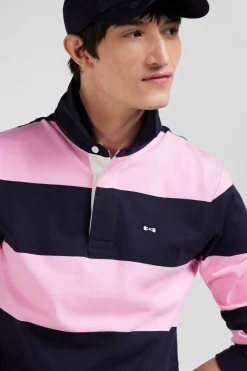 Regular navy blue and pink striped cotton rugby shirt with long sleeves